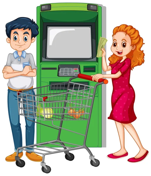 Ein Mann Hebt Mit Seiner Frau Geld Geldautomaten — Stockvektor