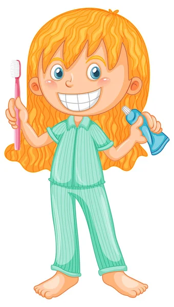 歯ブラシと歯磨き粉のイラストを持つパジャマの女の子 — ストックベクタ
