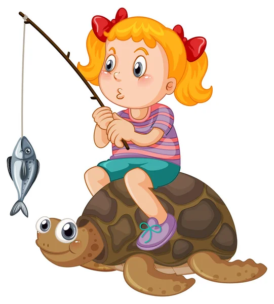 Enfant Assis Sur Une Illustration Pêche Tortue — Image vectorielle