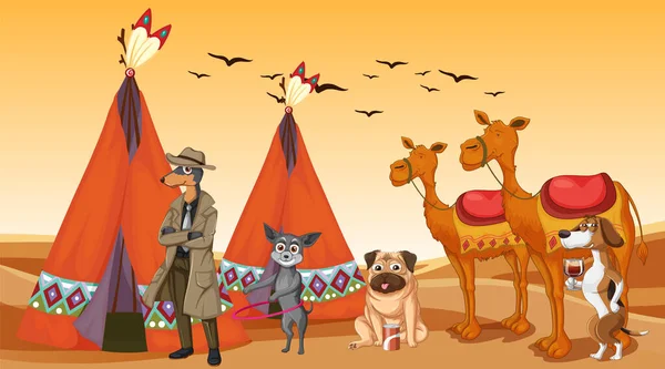 Outdoor Desert Scene Many Dogs Camels Illustration — стоковый вектор
