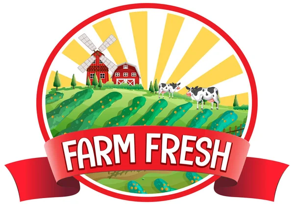 Rajzfilm Tehén Farm Friss Címke Illusztráció — Stock Vector