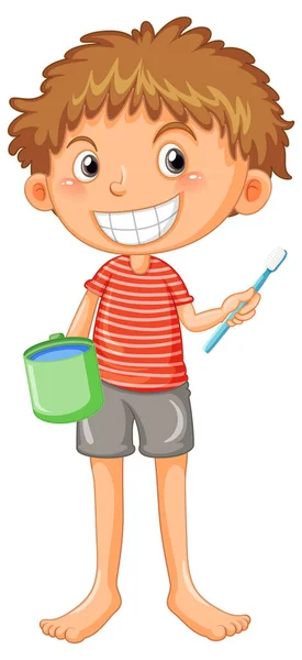 Niño Sonriendo Después Cepillarse Los Dientes Sosteniendo Taza Cepillo Dientes — Archivo Imágenes Vectoriales