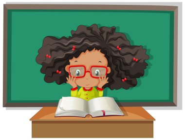 Student with curly hair reading a book wih board on the background illustration