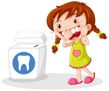 Güzel kız çizgi film karakteri diş ipi çizimi yapıyor.