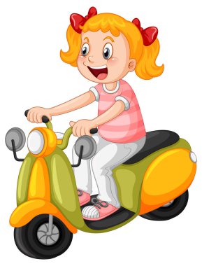 Çizgi film kızı beyaz arkaplanda scooter sürüyor.