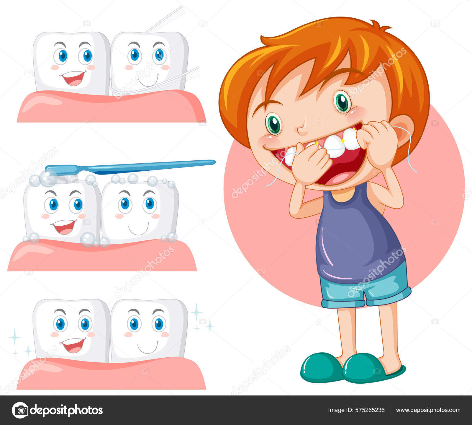 Cute Boy Cartoon Character Flossing Teeth Illustration Stock