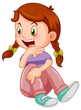 Happy girl cartoon character sitting on white background illustration