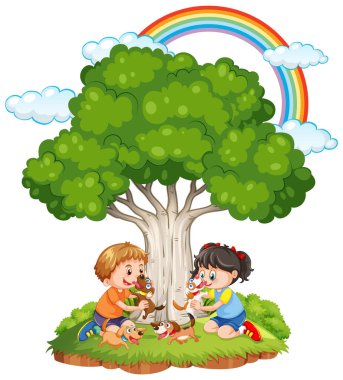 Children playing with their pet illustration