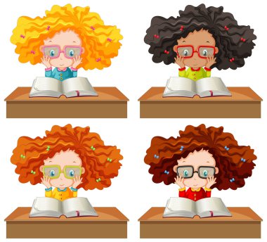 Set of girl reading a book on white background illustration