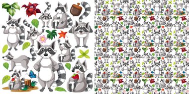 Seamless background with raccoons and leaves illustration