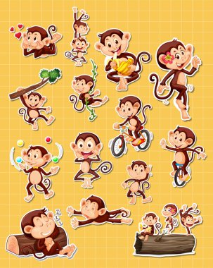 Komik maymun çizgi film karakterlerinin çizimleri.