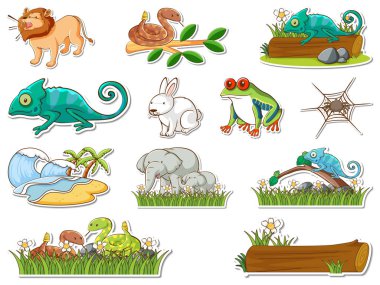Sticker set of cartoon wild animals illustration