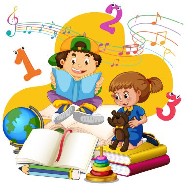 Oğlan ve kız bir yığın kitap illüstrasyonunda kitap okuyorlar.