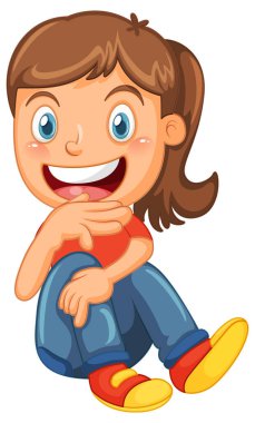 Happy girl cartoon character sitting on white background illustration