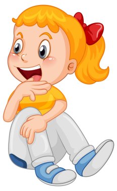 Happy girl cartoon character sitting on white background illustration