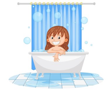 Mutlu kız banyo çizimi yapıyor.