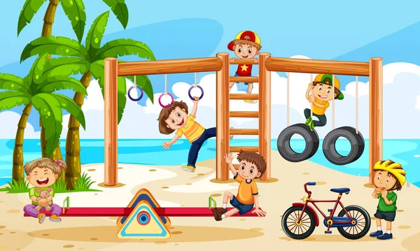 Пляжная Игровая Площадка Счастливыми Детьми — стоковый вектор
