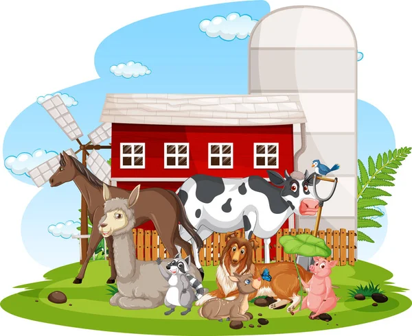 Granja Escena Con Muchos Animales Por Granero Ilustración — Vector de stock