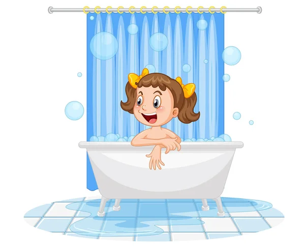 Happy Girl Taking Bath Illustration — Stock Vector