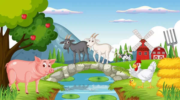 Farm Background Happy Animals Illustration — Vetor de Stock