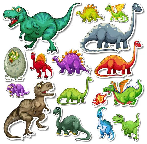 Adhesivo Conjunto Diferentes Dinosaurios Ilustración Dibujos Animados — Archivo Imágenes Vectoriales