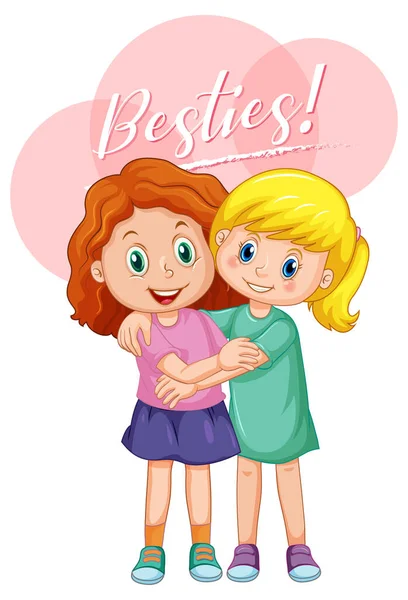 Beste Vriend Meisjes Cartoon Karakter Met Beste Vrienden Illustratie — Stockvector