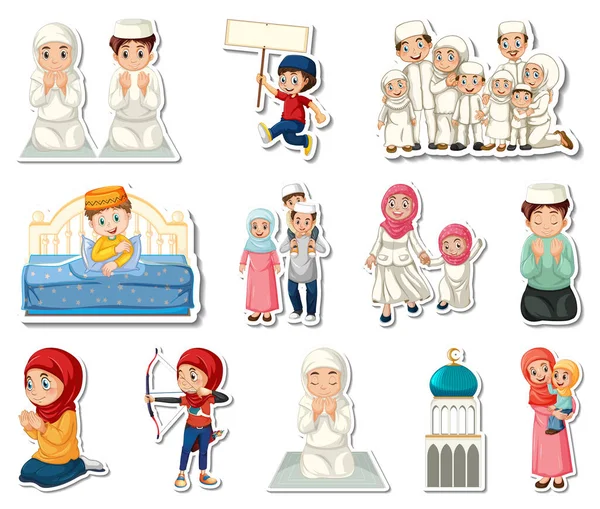 Sticker Set Islamic Religious Symbols Cartoon Characters Illustration — Vetor de Stock