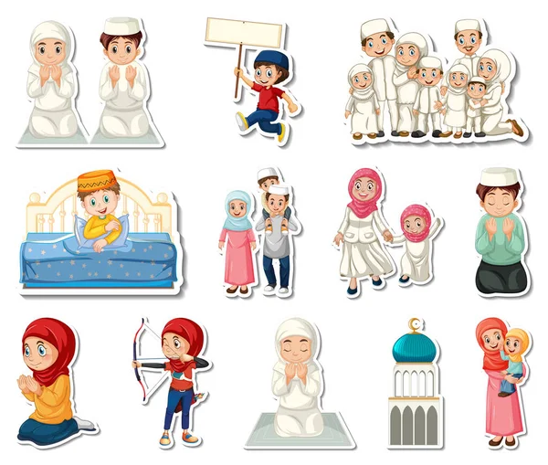 Sticker Set Islamic Religious Symbols Cartoon Characters Illustration — Wektor stockowy