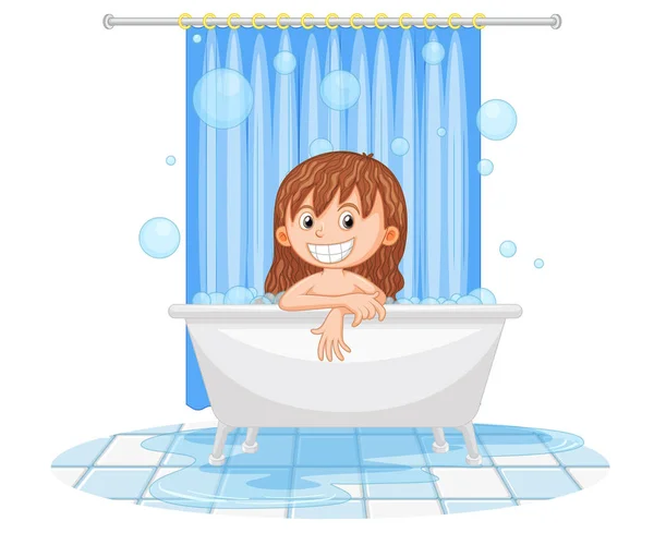 Chica Feliz Tomando Baño Ilustración — Archivo Imágenes Vectoriales