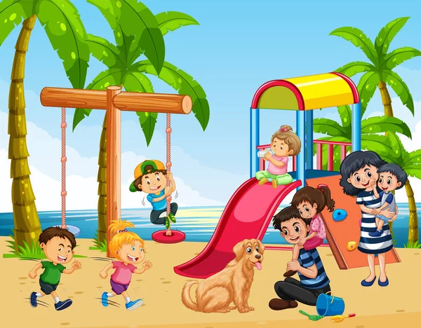 Parque Infantil Playa Con Ilustración Niños Felices — Vector de stock