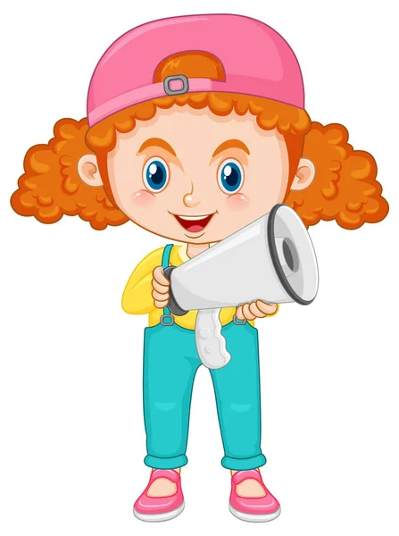 Cute Girl Cartoon Character Curly Pigtail Hair Holding Megaphone Illustration — Stockvector