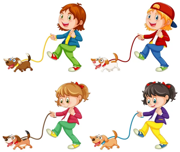 Set Different Kids Walking Dogs Illustration — ストックベクタ