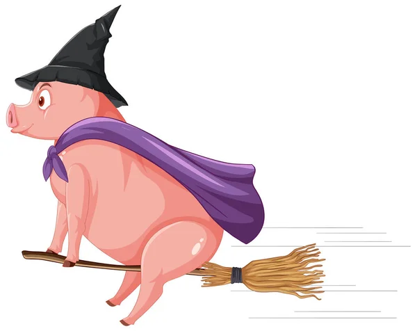 Pig Witch Riding Broomstick Illustration — Vetor de Stock