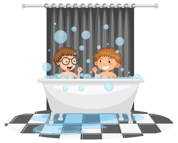 Happy Kids Playing Bubbles Bathtub Illustration — Stock Vector