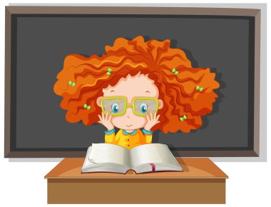 Student with curly hair reading a book wih board on the background illustration