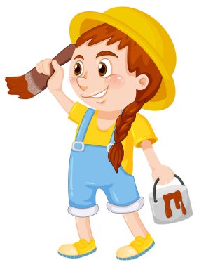 Boyacı kız elinde çalı ve renkli kova çizimi tutuyor.