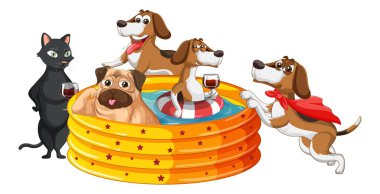 Group of domestic dogs in inflatable pool illustration