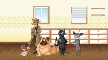 Mutfak resimlerinde farklı evcil hayvanlar var.