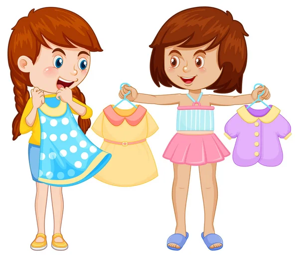 Flickor Försöker Nya Kläder Illustration — Stock vektor