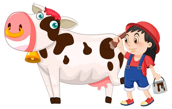 奶牛卡通人物插图上的一幅女孩画 — 图库矢量图片
