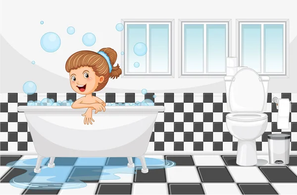 Happy Girl Taking Bath Illustration — Stock vektor