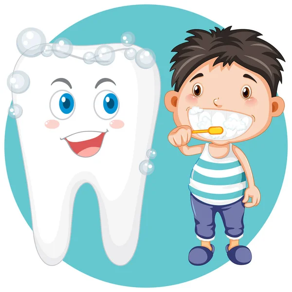 Boy Brushing Teeth Next Healthy Teeth Illustration — Vettoriale Stock