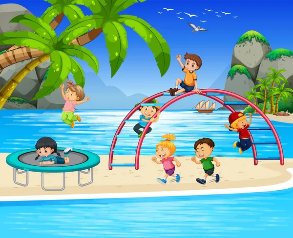 Aire Jeux Plage Avec Illustration Enfants Heureux — Image vectorielle