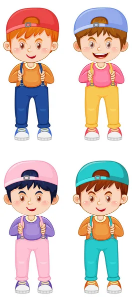 Set Cute Boy Cartoon Character Wearing Cap White Background Illustration — Image vectorielle