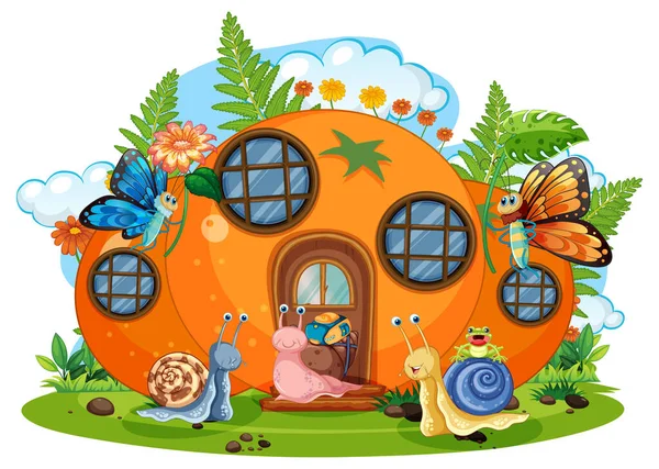Fantasy Orange House Butterfly Snails Illustration — Archivo Imágenes Vectoriales