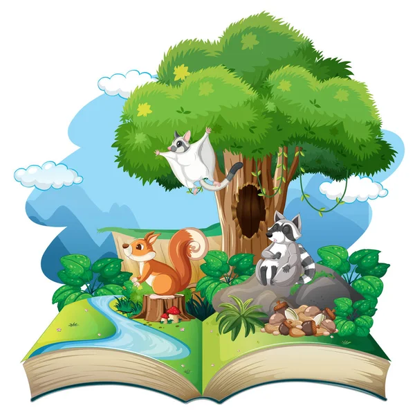 Libro Fantasia Aperto Con Simpatici Animali Illustrazione — Vettoriale Stock