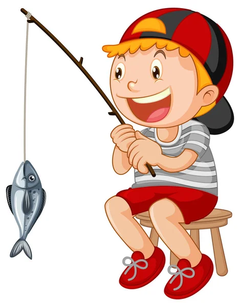 Boldog Gyerek Egy Széken Halászati Illusztráció — Stock Vector