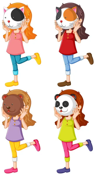 Διαφορετικά Κορίτσια Φορώντας Μάσκες Ζώων Εικονογράφηση — Διανυσματικό Αρχείο