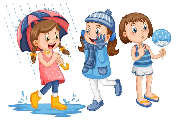 Set Girls Wearing Clothes Different Season Styles Illustration — Vetor de Stock