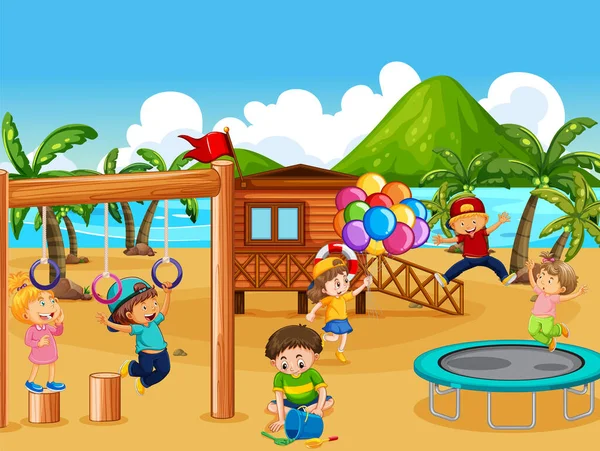 Playground Praia Com Crianças Felizes Ilustração — Vetor de Stock